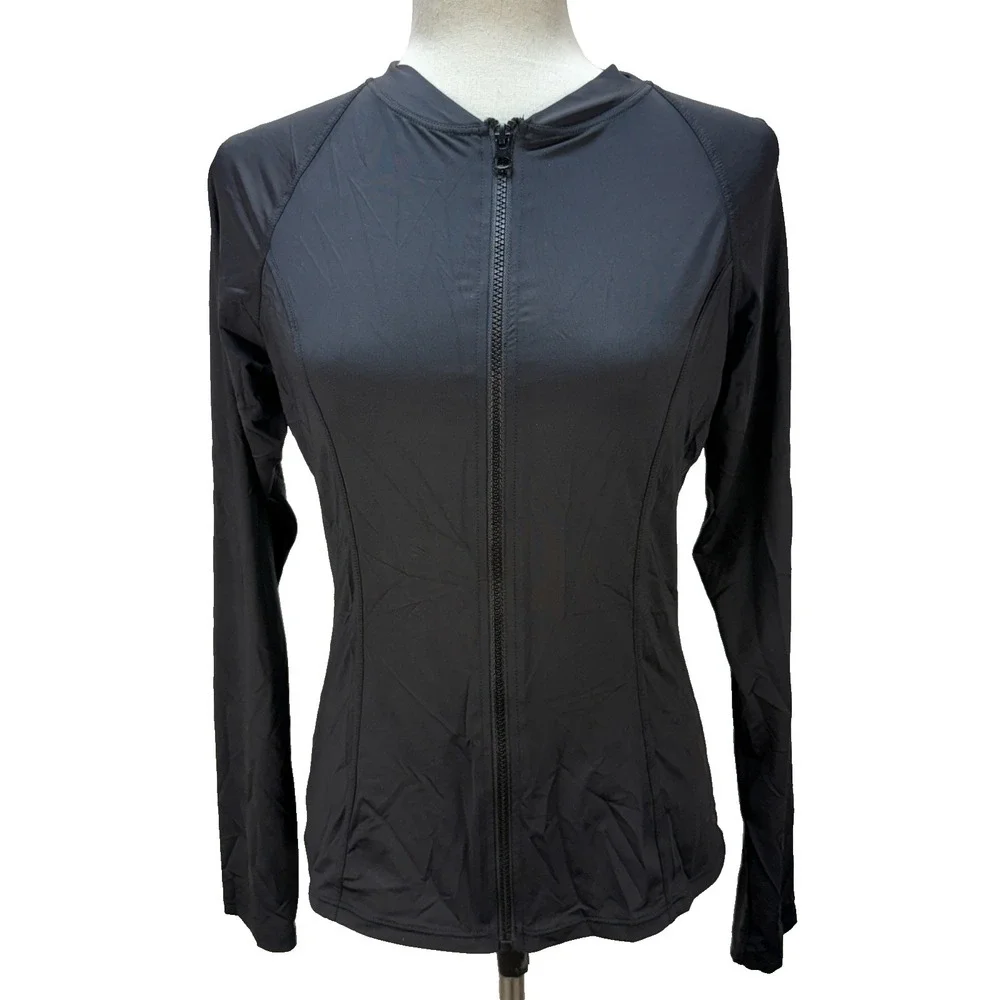 Niptuck Swim Long Sleeve Full Zip Sun Safe Rashgurad Top Black Size 10 Jacket